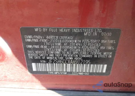 2010 Subaru Forester 2.5X Premium z USA, uszkodzony, nr VIN JF2SH6CCXAH912195